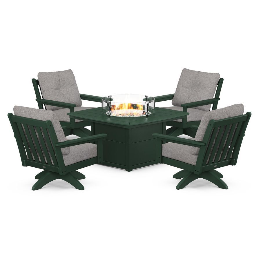 POLYWOOD Vineyard 5-Piece Deep Seating Swivel Conversation Set with Fire Pit Table in Green / Grey Mist