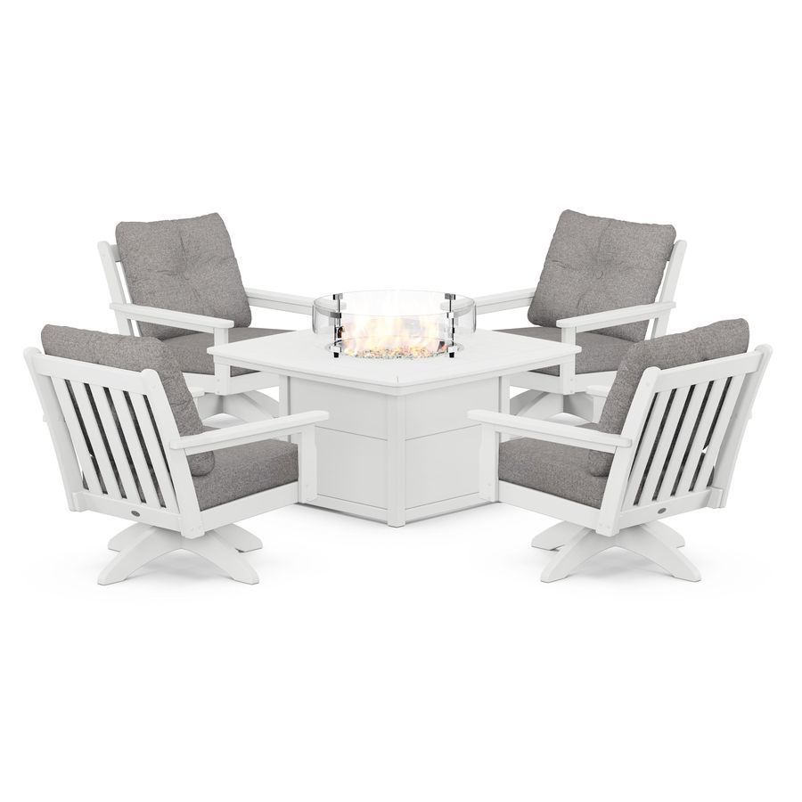 POLYWOOD Vineyard 5-Piece Deep Seating Swivel Conversation Set with Fire Pit Table in White / Grey Mist