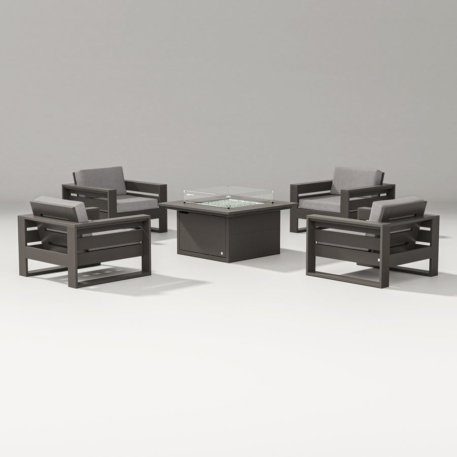POLYWOOD Latitude 5-Piece Lounge Fire Table Set in Vintage Coffee / Grey Mist