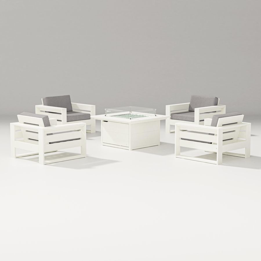 POLYWOOD Latitude 5-Piece Lounge Fire Table Set in Vintage White / Grey Mist
