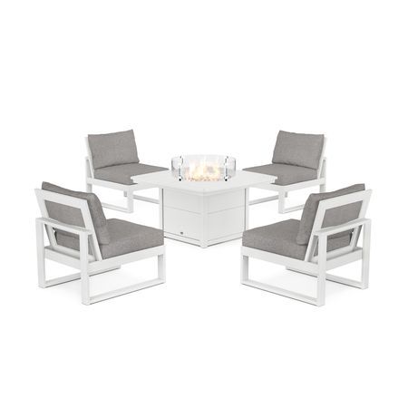 POLYWOOD Eastport Modular 5-Piece Deep Seating Set with Yacht Club Fire Pit Table in Classic White / Grey Mist