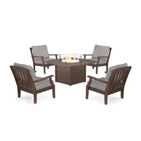 POLYWOOD Yacht Club 5-Piece Deep Seating Set with Square Fire Pit Table in Vintage Lantern / Grey Mist