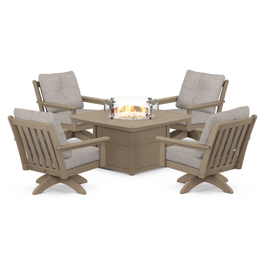 POLYWOOD Vineyard 5-Piece Deep Seating Swivel Conversation Set with Fire Pit Table in Vintage Sahara / Weathered Tweed