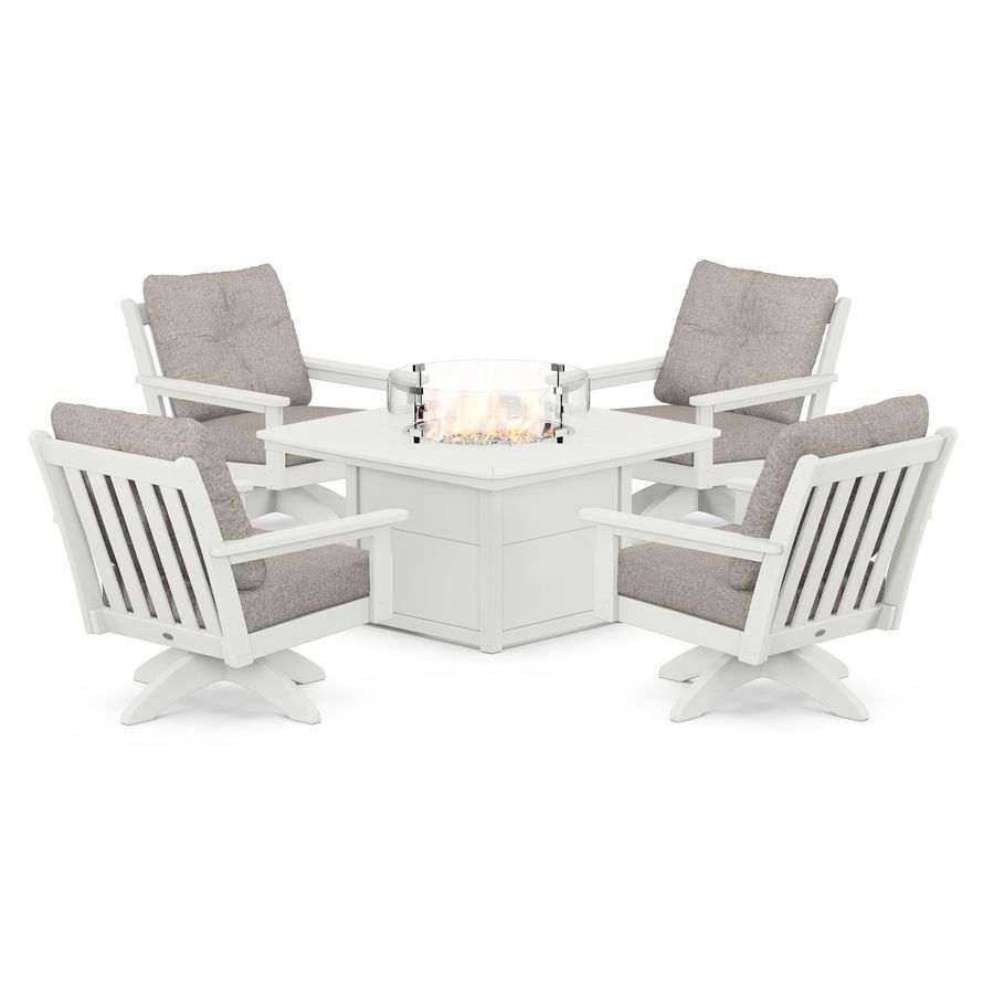 POLYWOOD Vineyard 5-Piece Deep Seating Swivel Conversation Set with Fire Pit Table in Vintage White / Weathered Tweed
