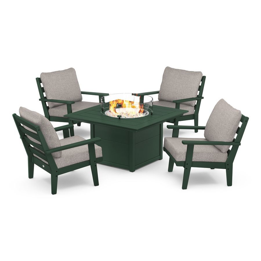 POLYWOOD Grant Park 5-Piece Deep Seating Conversation Set with Fire Pit Table in Green / Weathered Tweed