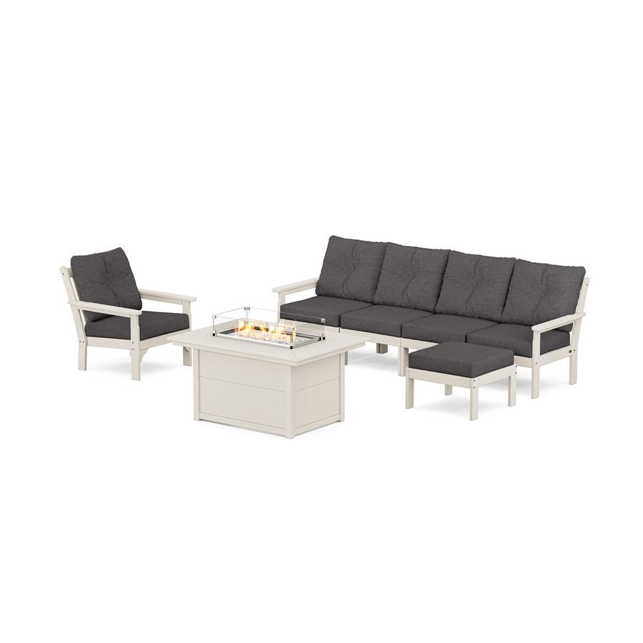 POLYWOOD Vineyard Sectional Lounge and Fire Pit Set in Sand / Ash Charcoal