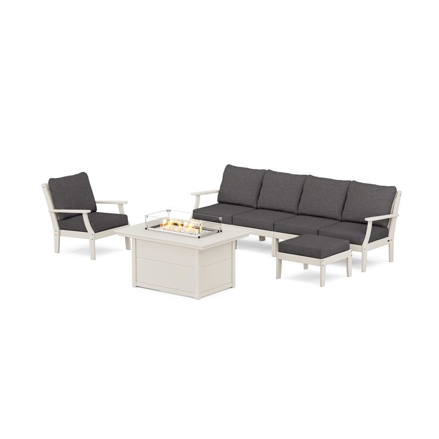 POLYWOOD Braxton Sectional Lounge and Fire Pit Set in Sand / Ash Charcoal