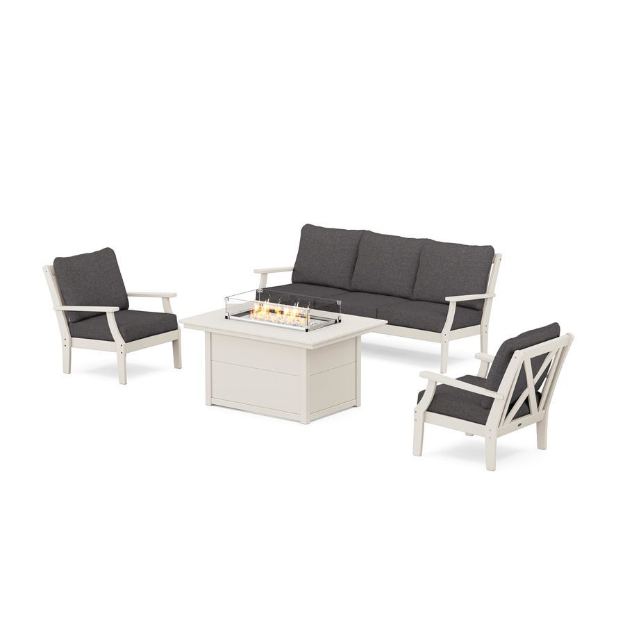 POLYWOOD Braxton Deep Seating Fire Pit Table Set in Sand / Ash Charcoal