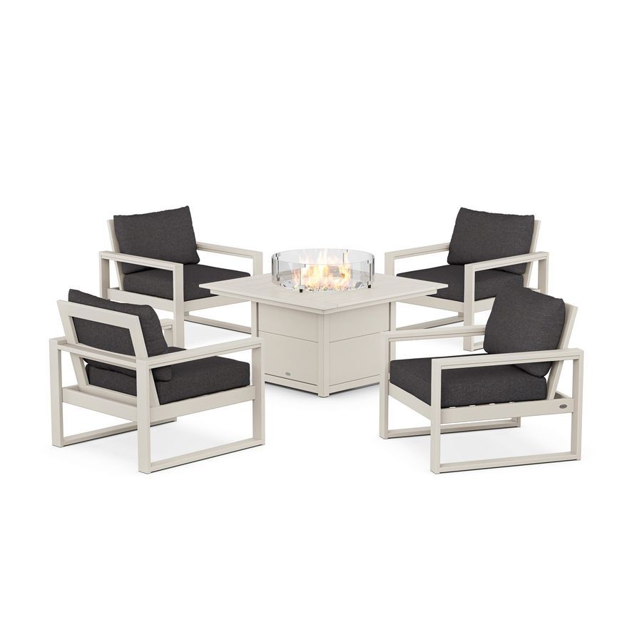 POLYWOOD EDGE Sectional 5-Piece Deep Seating Set with Fire Pit Table in Sand / Ash Charcoal