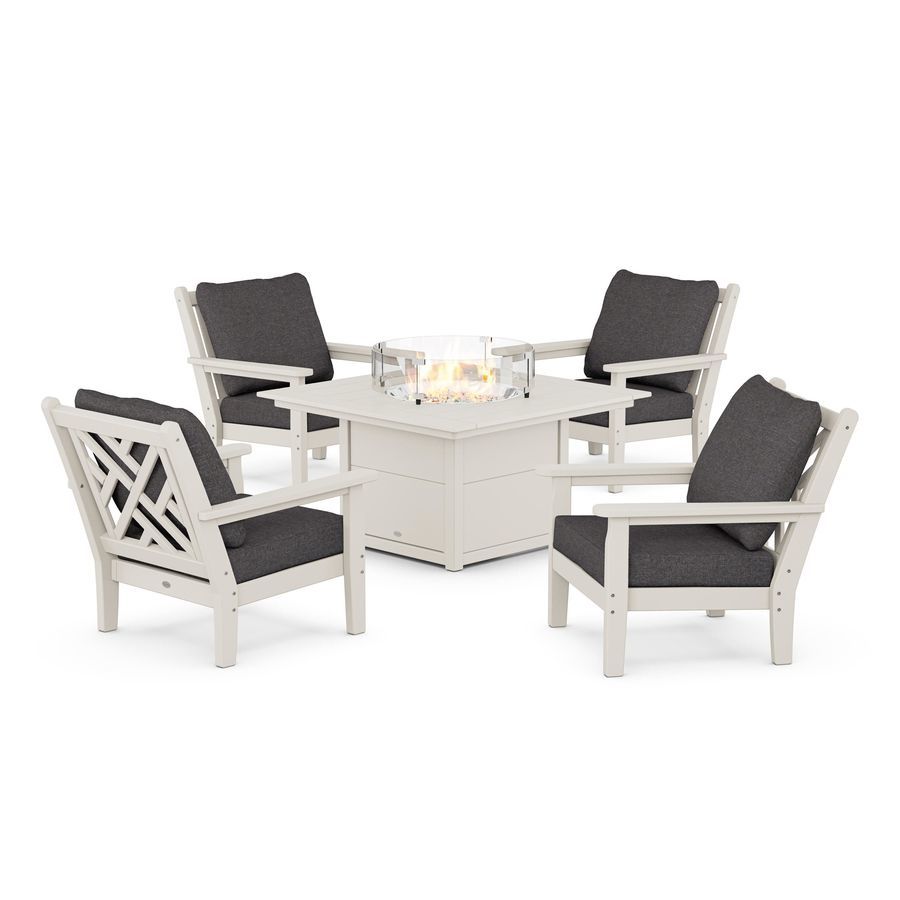 POLYWOOD Chippendale 5-Piece Deep Seating Set with Fire Pit Table in Sand / Ash Charcoal