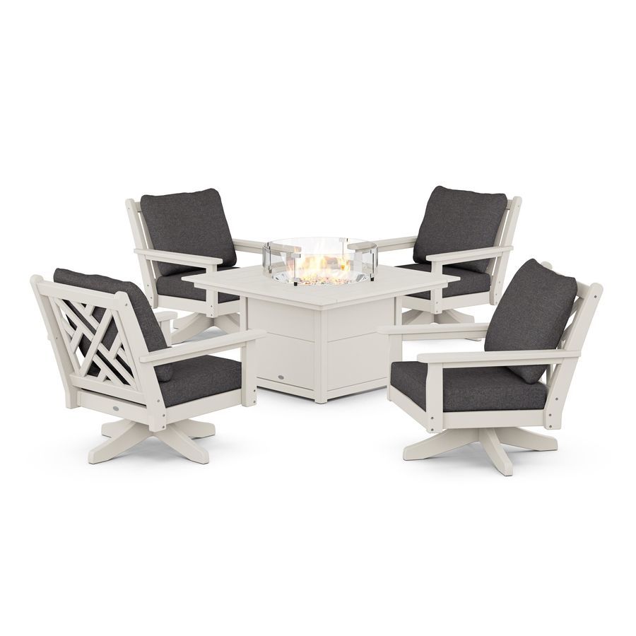 POLYWOOD Chippendale 5-Piece Deep Seating Swivel Conversation Set with Fire Pit Table in Sand / Ash Charcoal