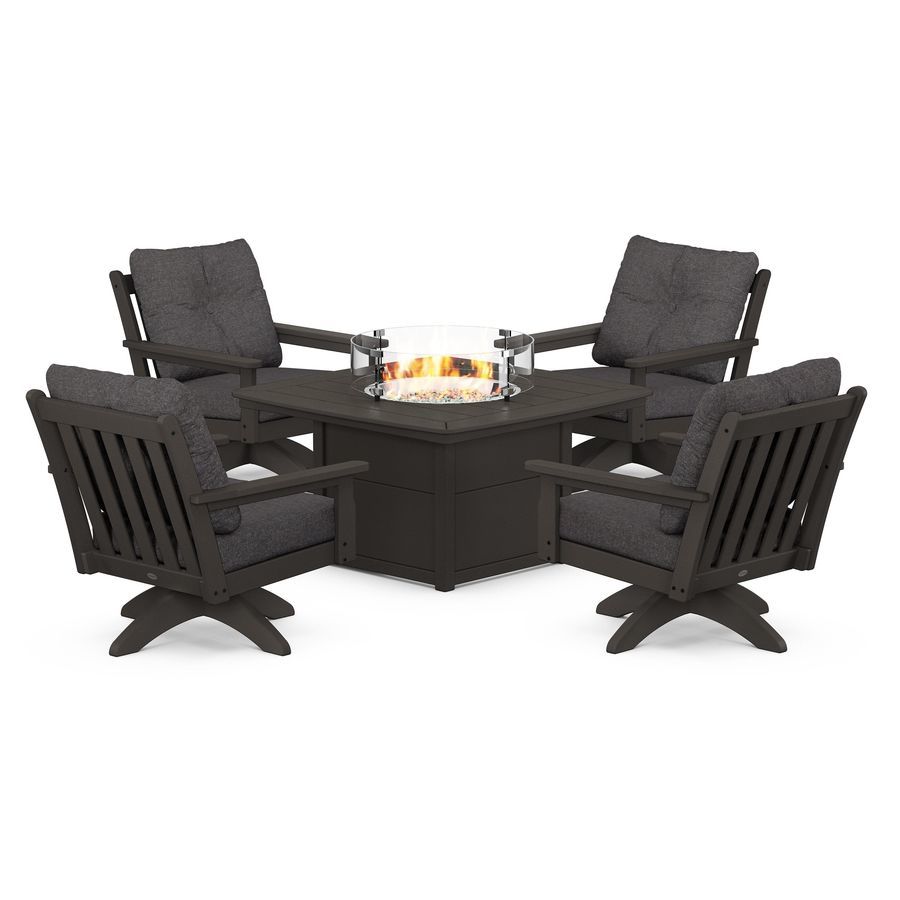 POLYWOOD Vineyard 5-Piece Deep Seating Swivel Conversation Set with Fire Pit Table in Vintage Coffee / Ash Charcoal