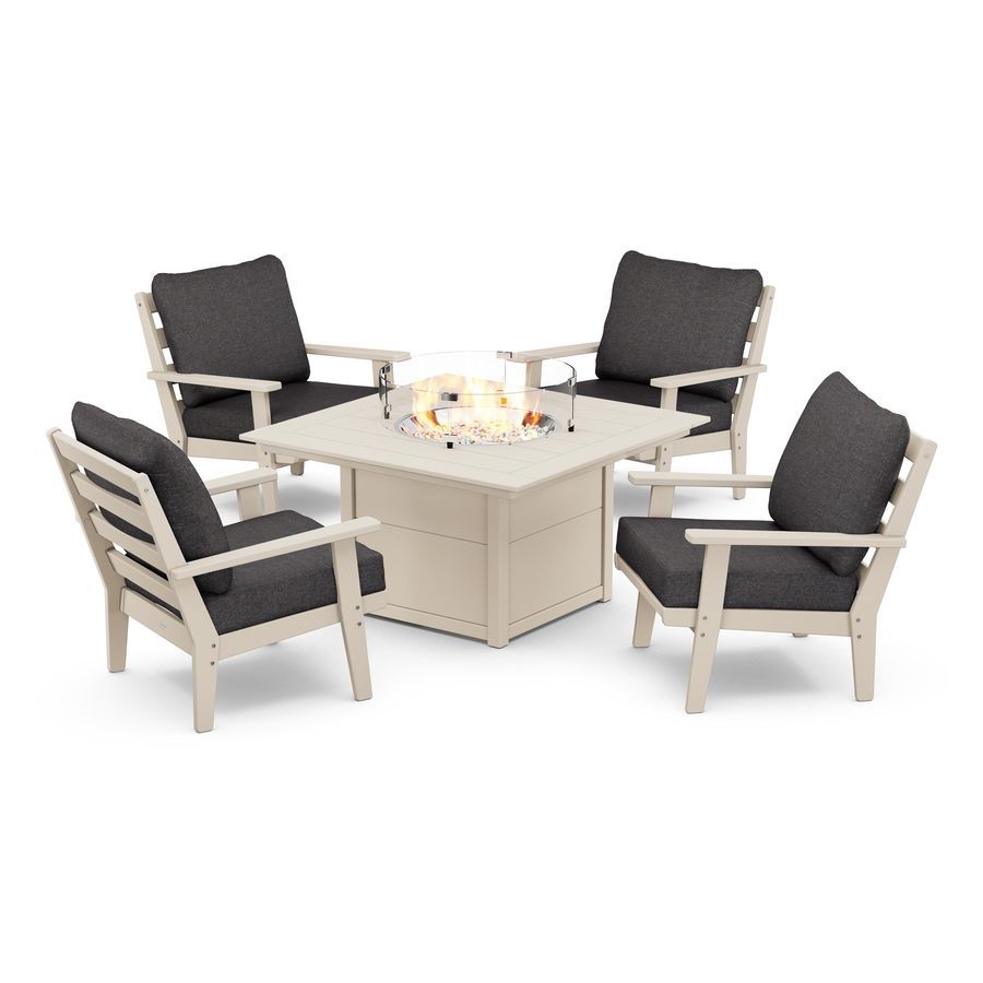 POLYWOOD Grant Park 5-Piece Deep Seating Conversation Set with Fire Pit Table in Sand / Ash Charcoal