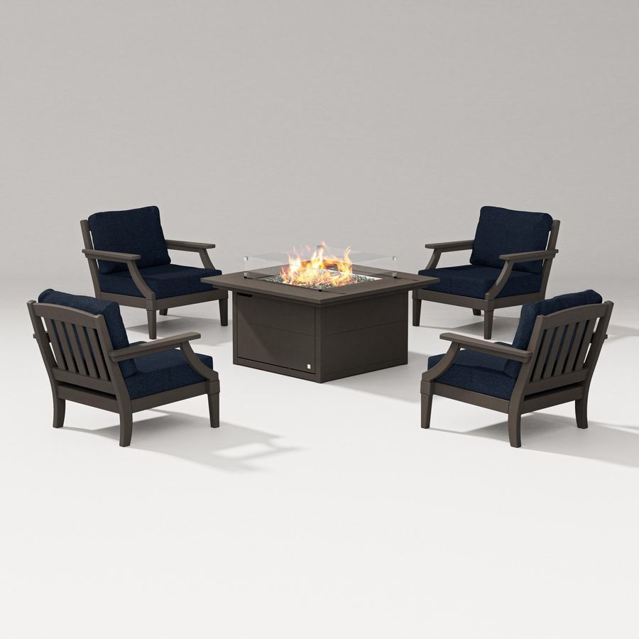 POLYWOOD Estate 5-Piece Lounge Fire Table Set in Vintage Coffee / Marine Indigo