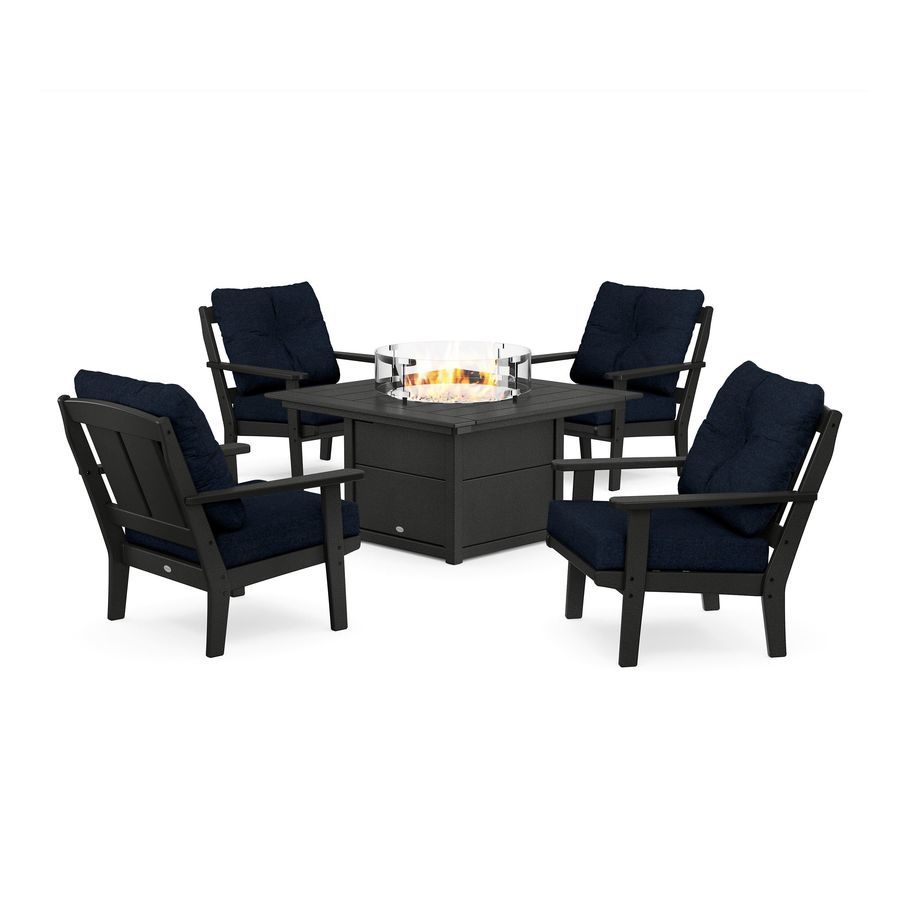 POLYWOOD Mission 5-Piece Deep Seating Set with Fire Pit Table in Black / Marine Indigo