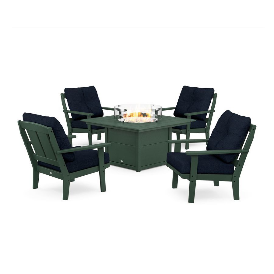 POLYWOOD Mission 5-Piece Deep Seating Set with Fire Pit Table in Green / Marine Indigo