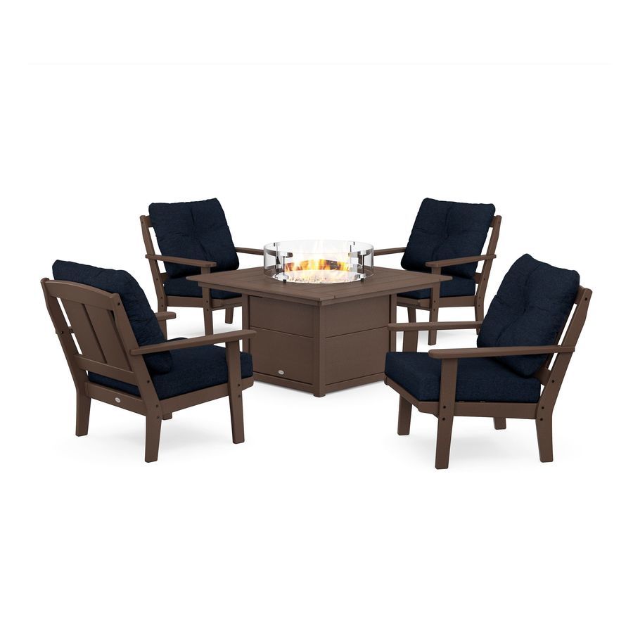 POLYWOOD Mission 5-Piece Deep Seating Set with Fire Pit Table in Mahogany / Marine Indigo