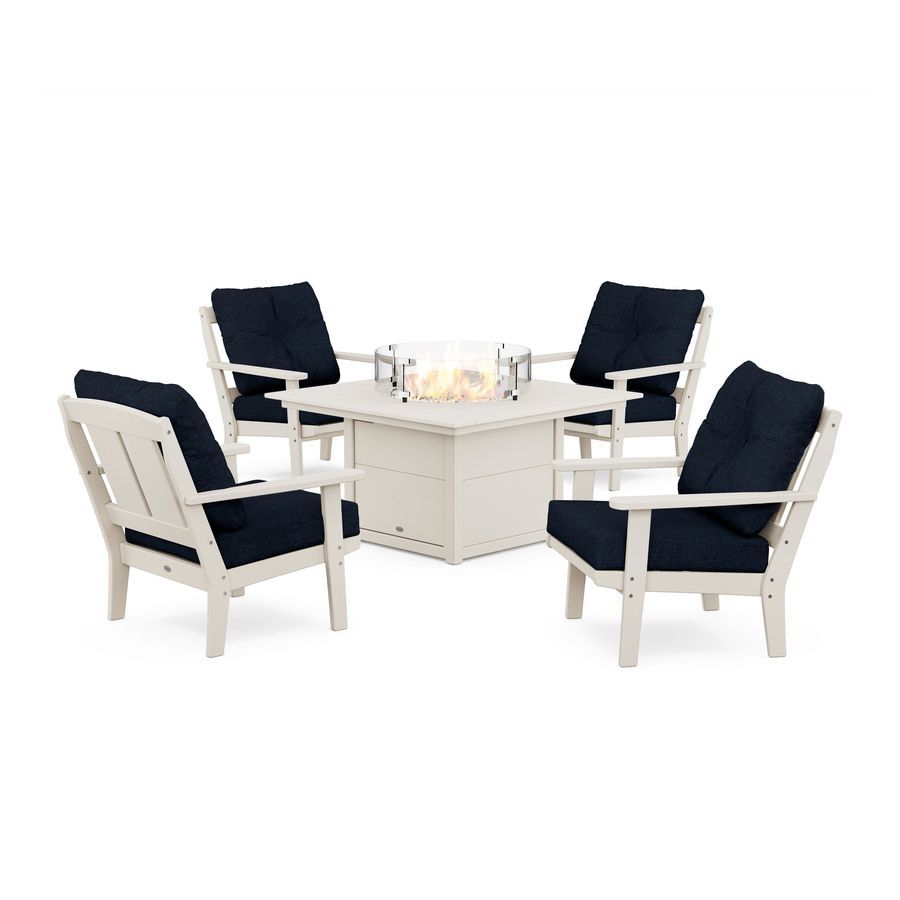 POLYWOOD Mission 5-Piece Deep Seating Set with Fire Pit Table in Sand / Marine Indigo