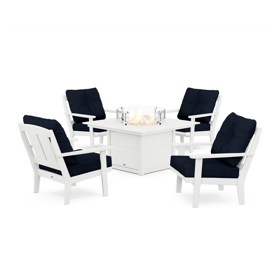 POLYWOOD Mission 5-Piece Deep Seating Set with Fire Pit Table in White / Marine Indigo