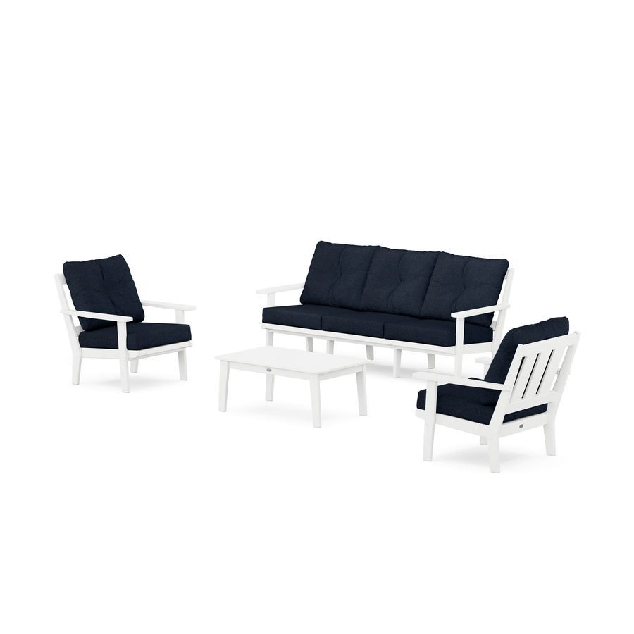 POLYWOOD Oxford 4-Piece Deep Seating Set with Sofa in White / Marine Indigo