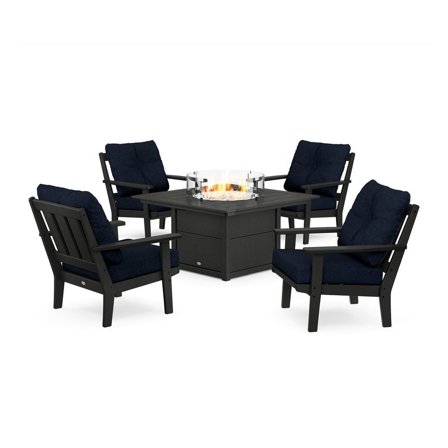 POLYWOOD Oxford 5-Piece Deep Seating Set with Fire Pit Table in Black / Marine Indigo