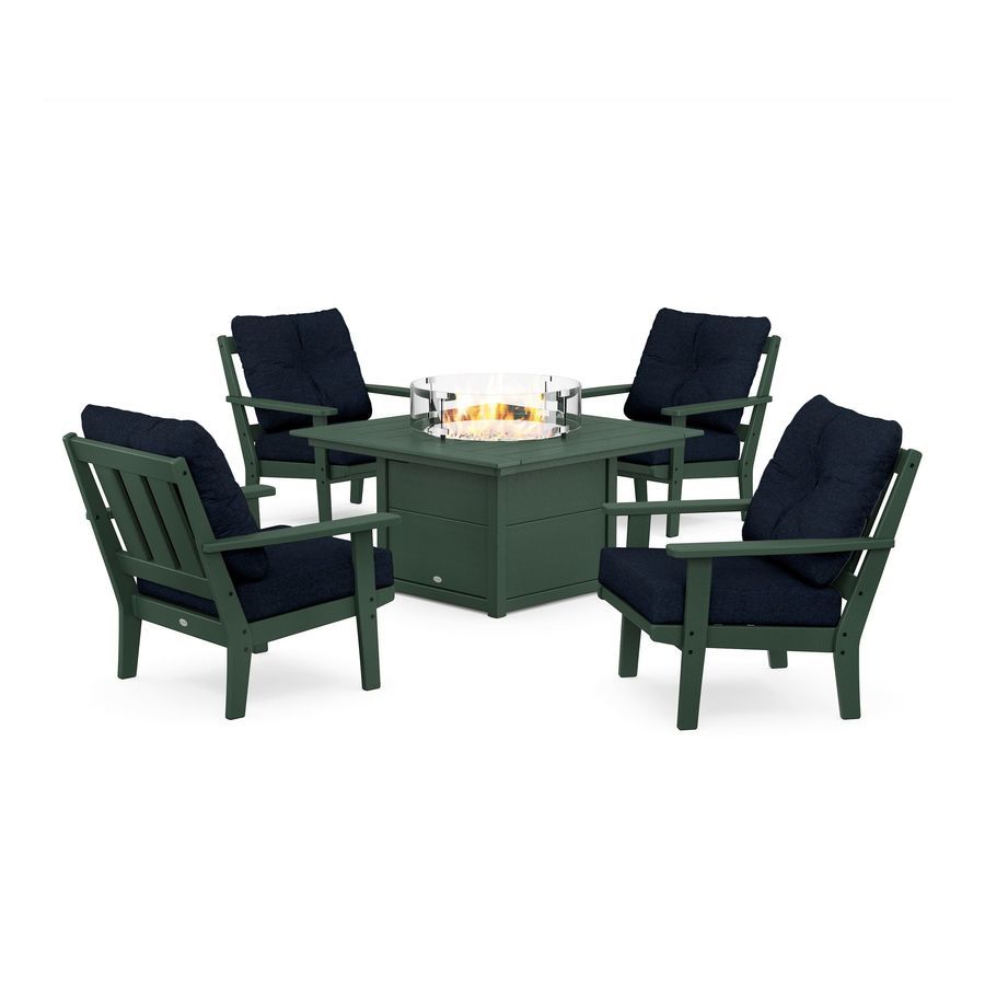 POLYWOOD Oxford 5-Piece Deep Seating Set with Fire Pit Table in Green / Marine Indigo
