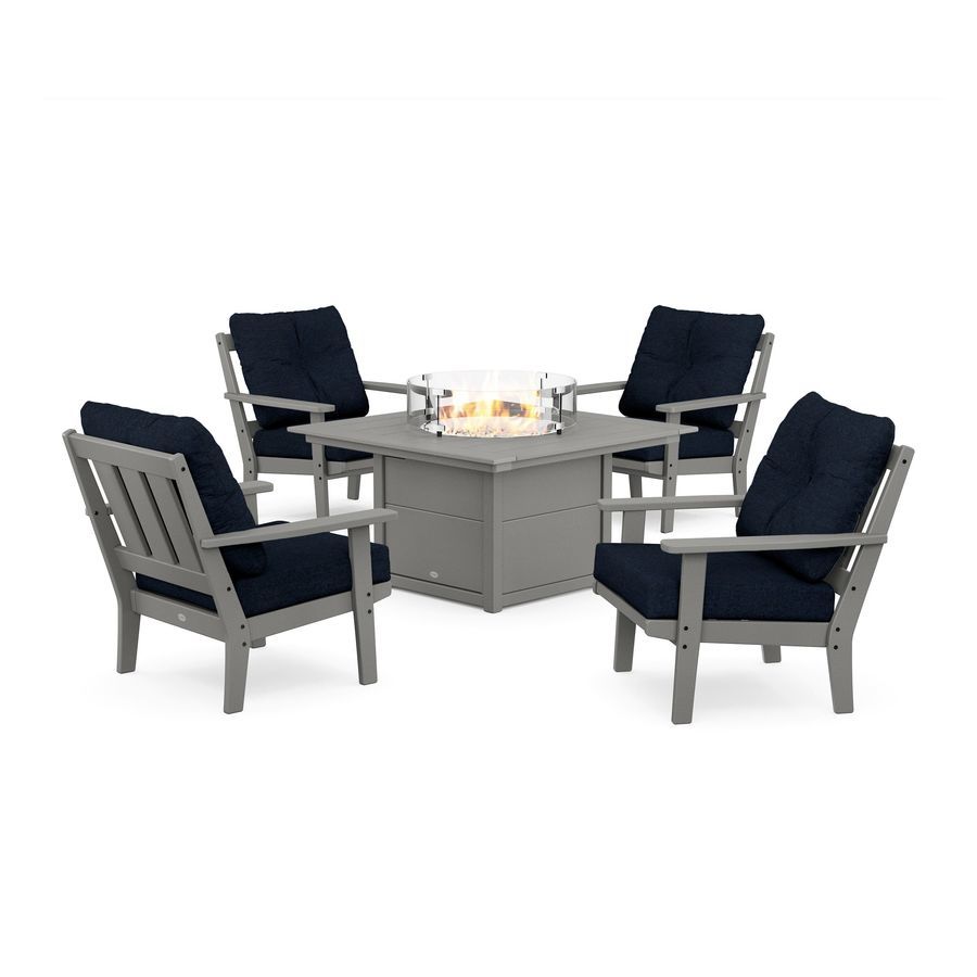 POLYWOOD Oxford 5-Piece Deep Seating Set with Fire Pit Table in Slate Grey / Marine Indigo