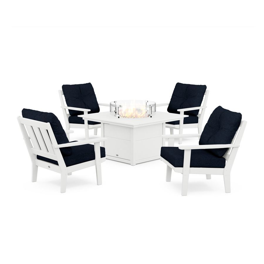 POLYWOOD Oxford 5-Piece Deep Seating Set with Fire Pit Table in White / Marine Indigo