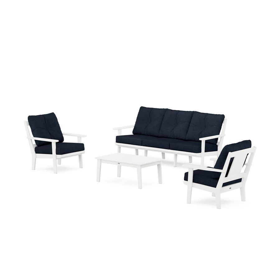 POLYWOOD Prairie 4-Piece Deep Seating Set with Sofa in White / Marine Indigo