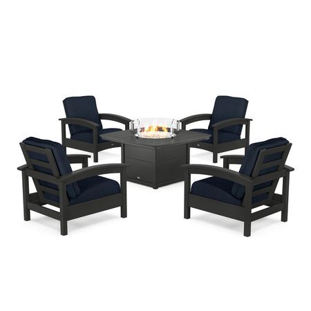 POLYWOOD Rockport 5-Piece Deep Seating Set with Yacht Club Fire Pit Table in Charcoal Black / Marine Indigo