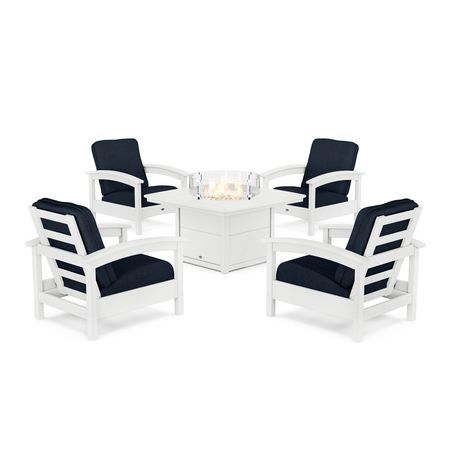 POLYWOOD Rockport 5-Piece Deep Seating Set with Yacht Club Fire Pit Table in Classic White / Marine Indigo