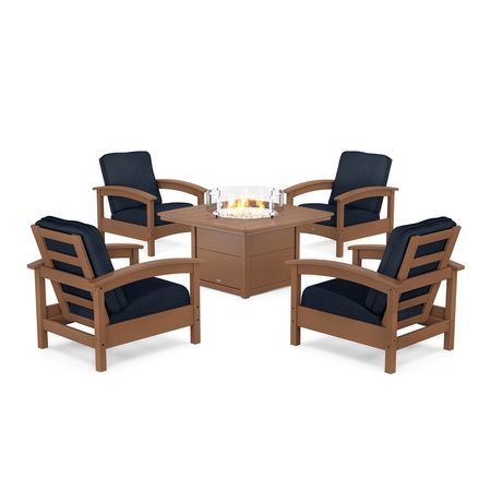 POLYWOOD Rockport 5-Piece Deep Seating Set with Yacht Club Fire Pit Table in Tree House / Marine Indigo