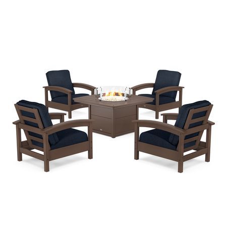 POLYWOOD Rockport 5-Piece Deep Seating Set with Yacht Club Fire Pit Table in Vintage Lantern / Marine Indigo
