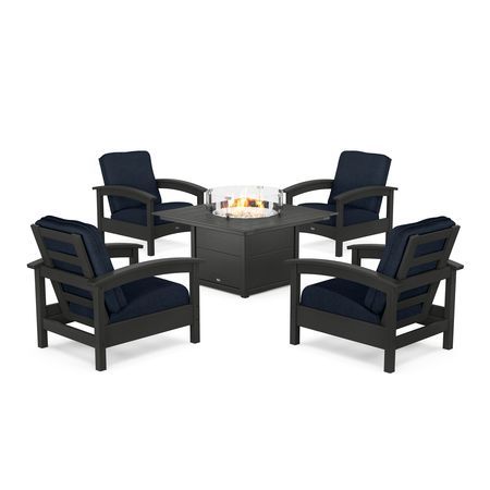 POLYWOOD Rockport 5-Piece Deep Seating Set with Square Fire Pit Table in Charcoal Black / Marine Indigo
