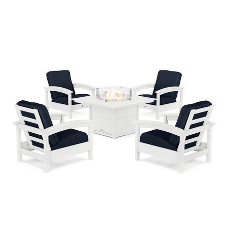 POLYWOOD Rockport 5-Piece Deep Seating Set with Square Fire Pit Table in Classic White / Marine Indigo