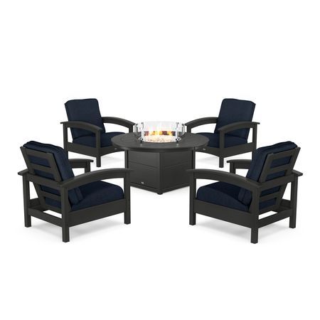 POLYWOOD Rockport 5-Piece Deep Seating Set with Round Fire Pit Table in Charcoal Black / Marine Indigo