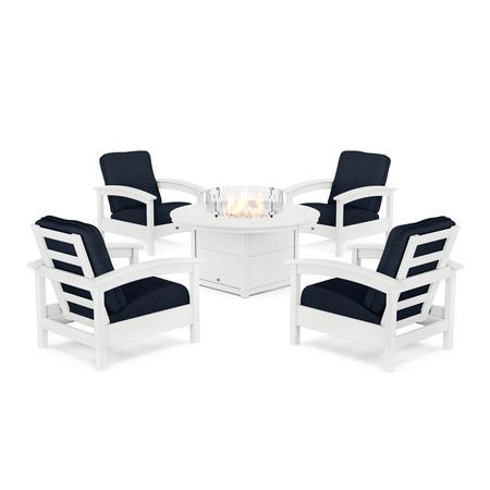 POLYWOOD Rockport 5-Piece Deep Seating Set with Round Fire Pit Table in Classic White / Marine Indigo