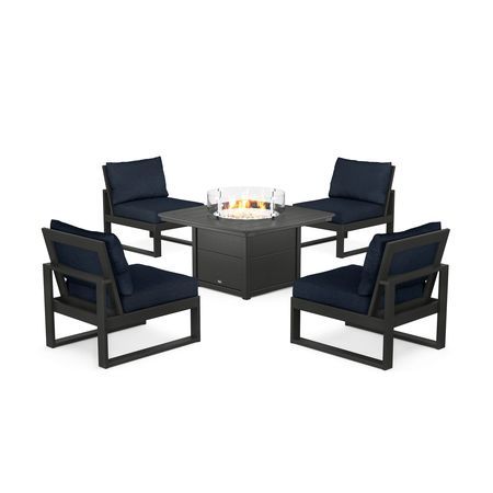 POLYWOOD Eastport Modular 5-Piece Deep Seating Set with Yacht Club Fire Pit Table in Charcoal Black / Marine Indigo