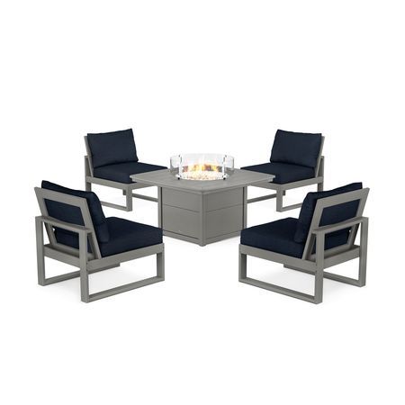 POLYWOOD Eastport Modular 5-Piece Deep Seating Set with Yacht Club Fire Pit Table in Stepping Stone / Marine Indigo