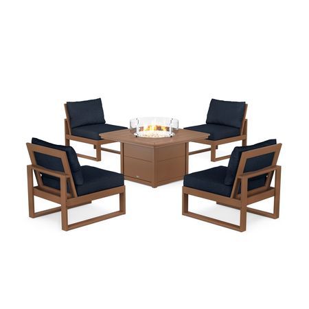 POLYWOOD Eastport Modular 5-Piece Deep Seating Set with Yacht Club Fire Pit Table in Tree House / Marine Indigo