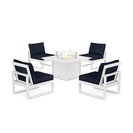 POLYWOOD Eastport Modular 5-Piece Deep Seating Set with Square Fire Pit Table in Classic White / Marine Indigo
