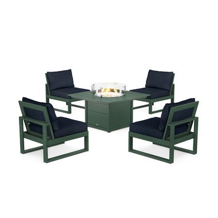 POLYWOOD Eastport Modular 5-Piece Deep Seating Set with Square Fire Pit Table in Rainforest Canopy / Marine Indigo