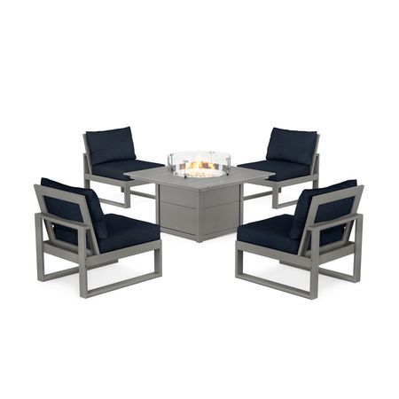 POLYWOOD Eastport Modular 5-Piece Deep Seating Set with Square Fire Pit Table in Stepping Stone / Marine Indigo