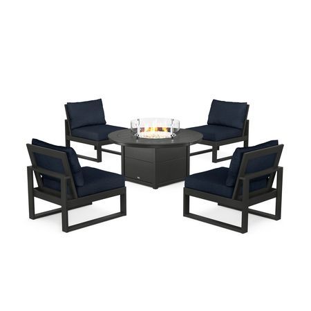 POLYWOOD Eastport Modular 5-Piece Deep Seating Set with Round Fire Pit Table in Charcoal Black / Marine Indigo