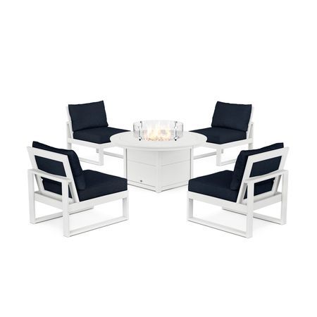 POLYWOOD Eastport Modular 5-Piece Deep Seating Set with Round Fire Pit Table in Classic White / Marine Indigo