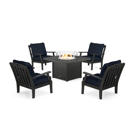 POLYWOOD Yacht Club 5-Piece Deep Seating Set with Fire Pit Table in Charcoal Black / Marine Indigo