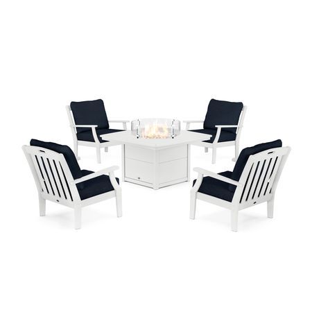 POLYWOOD Yacht Club 5-Piece Deep Seating Set with Fire Pit Table in Classic White / Marine Indigo