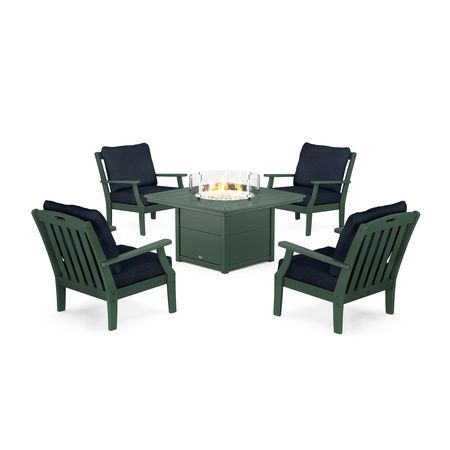 POLYWOOD Yacht Club 5-Piece Deep Seating Set with Fire Pit Table in Rainforest Canopy / Marine Indigo