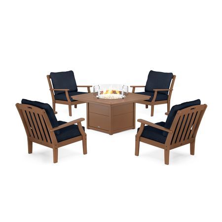 POLYWOOD Yacht Club 5-Piece Deep Seating Set with Fire Pit Table in Tree House / Marine Indigo