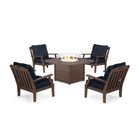 POLYWOOD Yacht Club 5-Piece Deep Seating Set with Fire Pit Table in Vintage Lantern / Marine Indigo